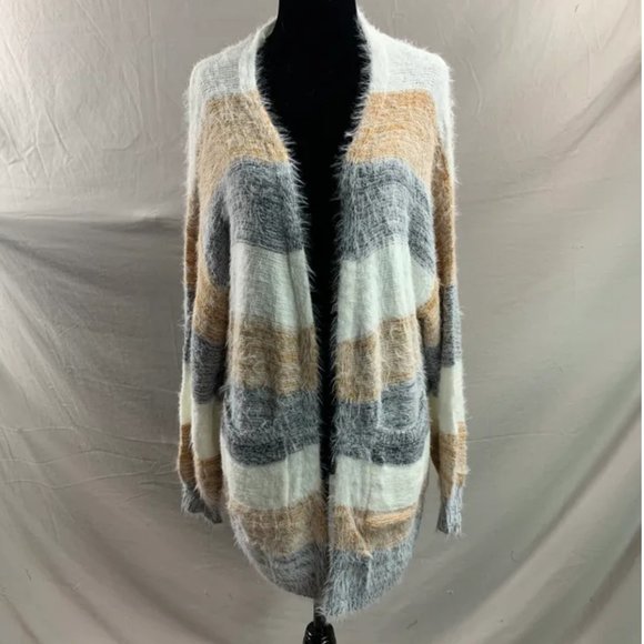 Color Block Drop Shoulder Open Front Fluffy Knit Cardigan - Picture 7 of 7